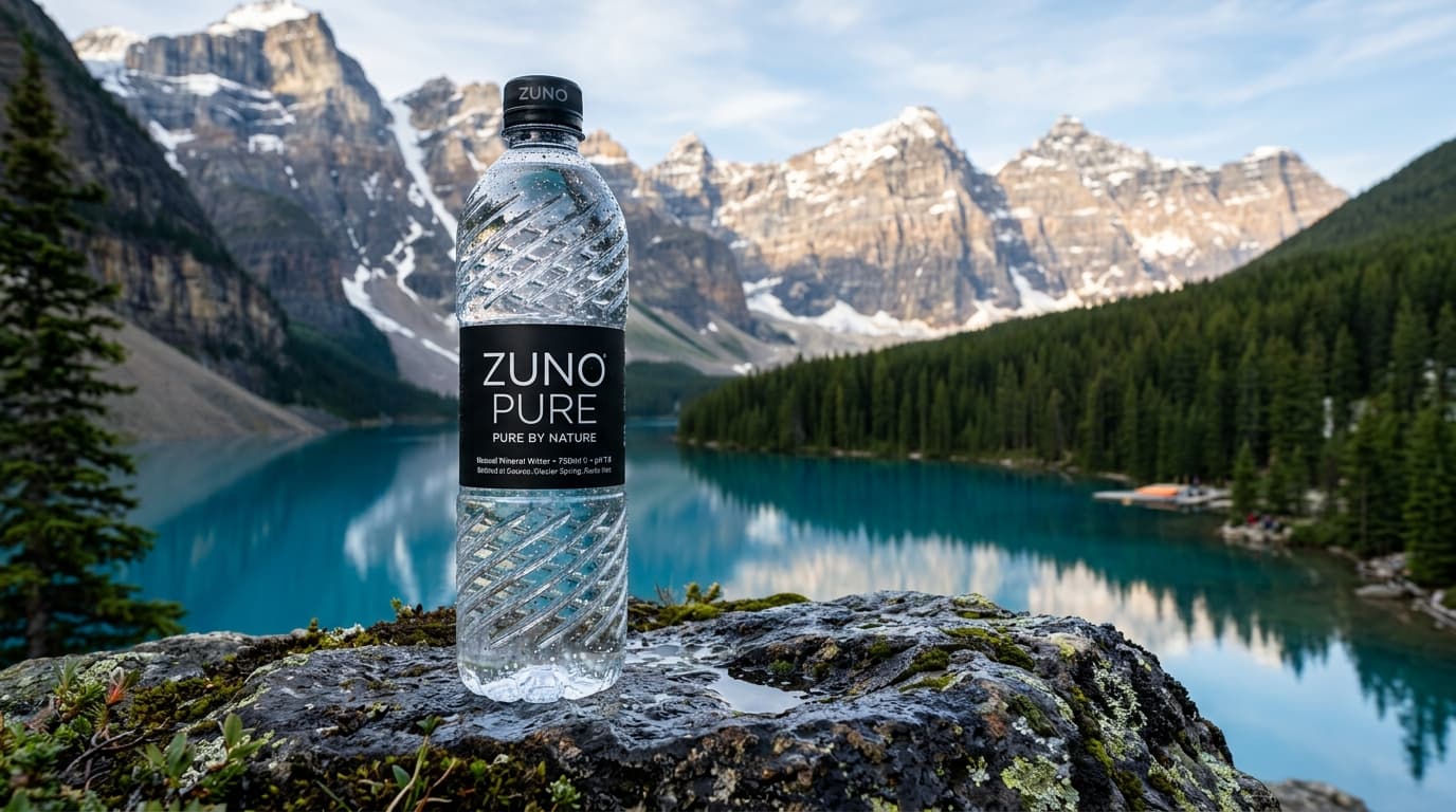 ZUNO PURE Water Bottle on alpine mountain lake rock